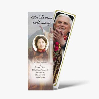 a bookmark with a photo of a priest and a woman