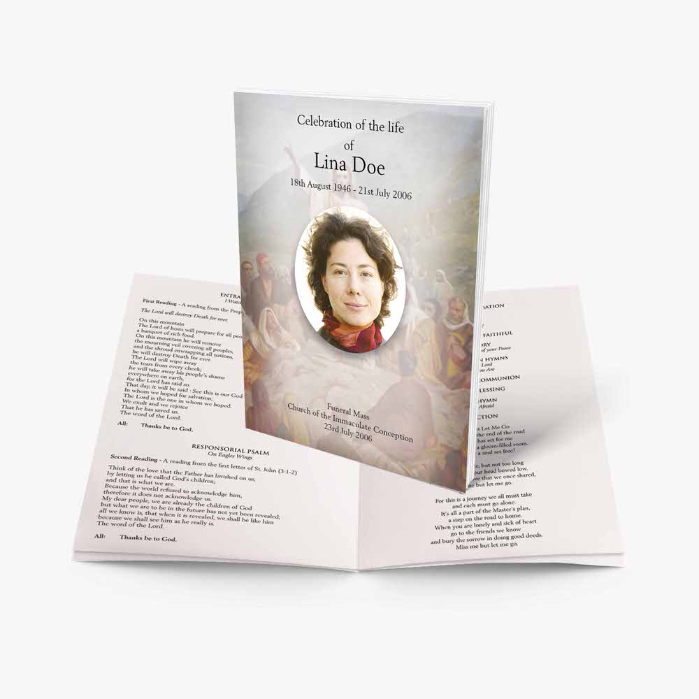 a funeral program template with a photo of a woman in a white dress