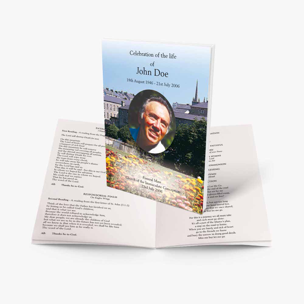 a funeral booklet template with a photo of a man in a white shirt and a black tie