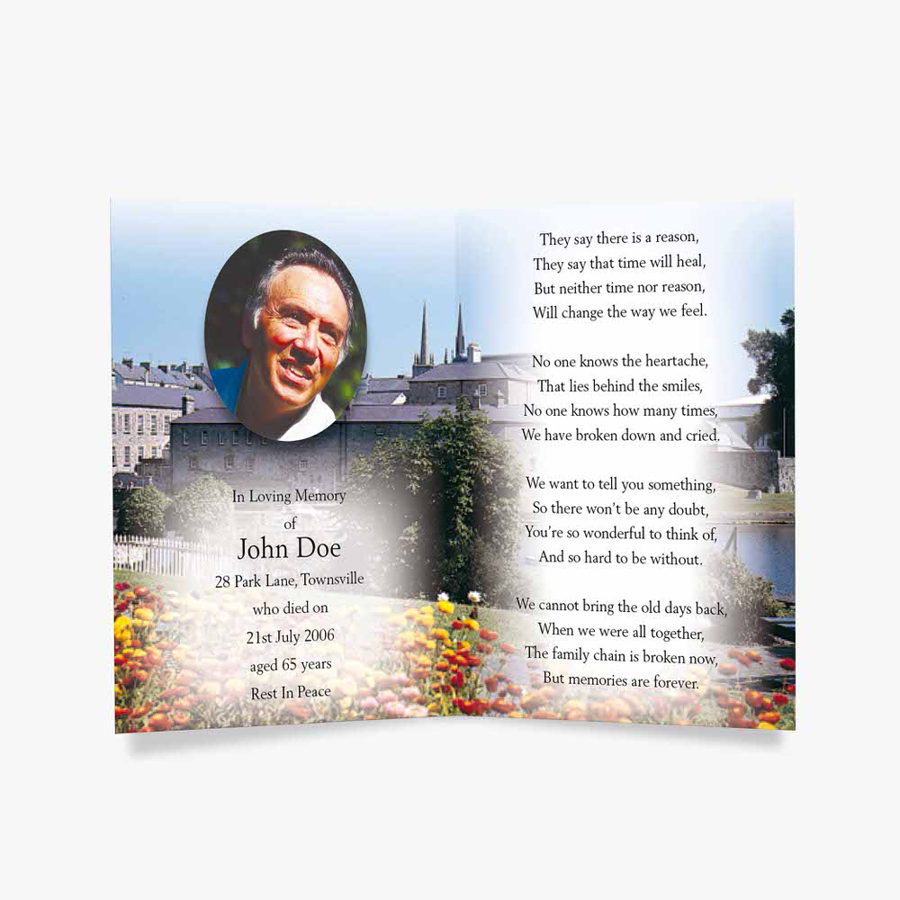 a funeral program with a photo of a person and a poem