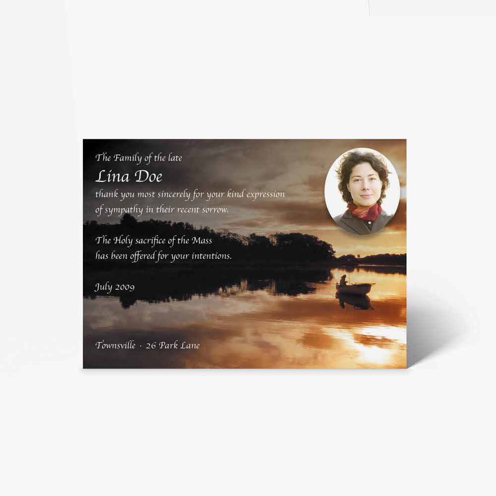 funeral card template with sunset and boat