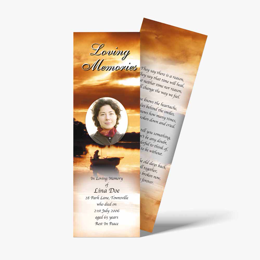 a funeral bookmark template with a photo of a boat