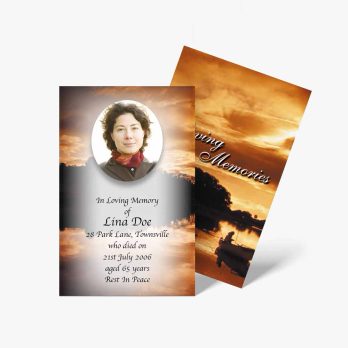 a funeral card with a photo of a woman in a boat