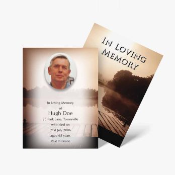 two funeral cards with a photo of a man on a dock