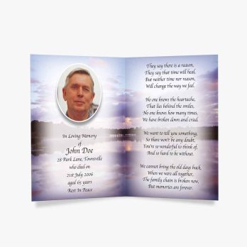 a funeral card with a photo of a man in the water