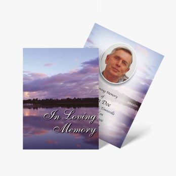 funeral card template with sunset and lake