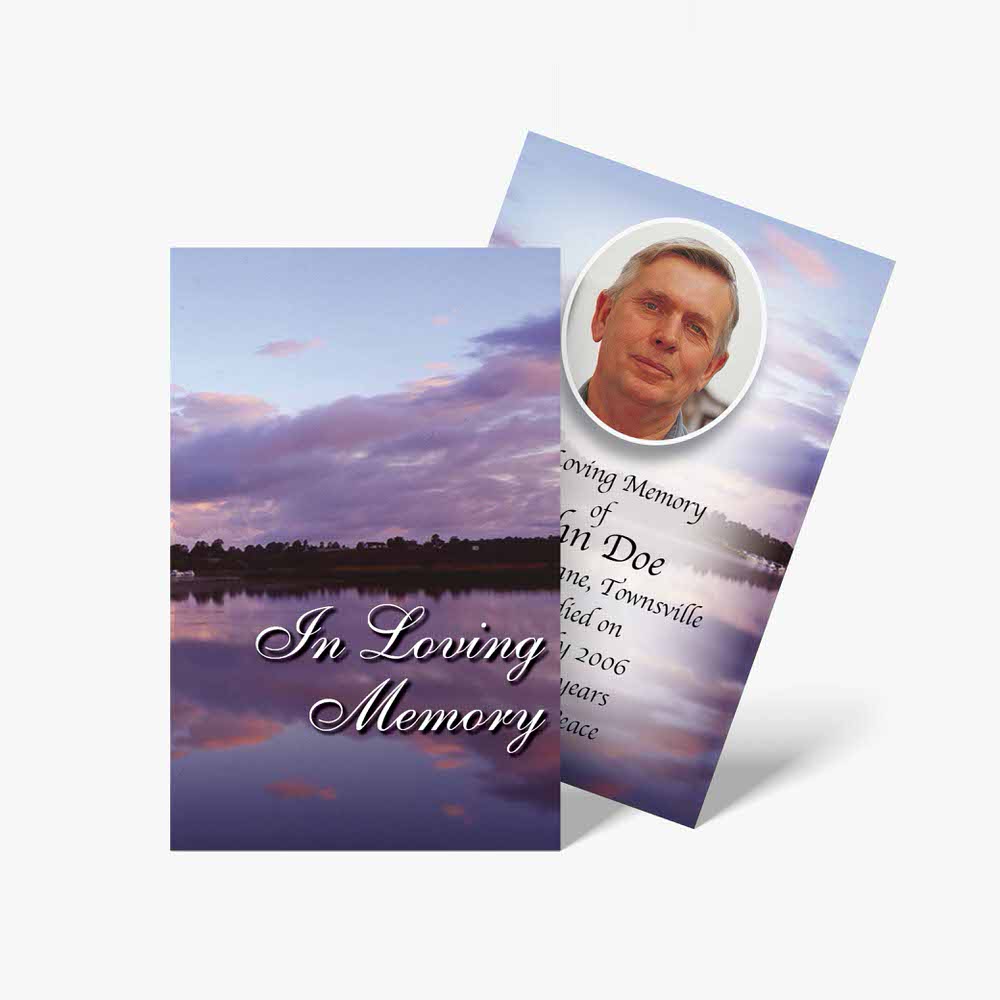 funeral card template with sunset and lake