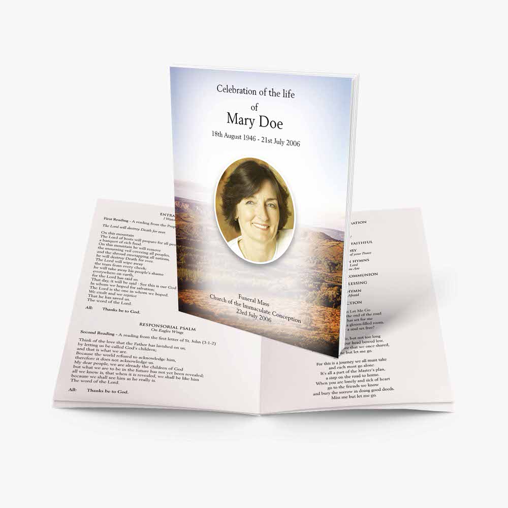 a funeral program template with a photo of a woman in a field