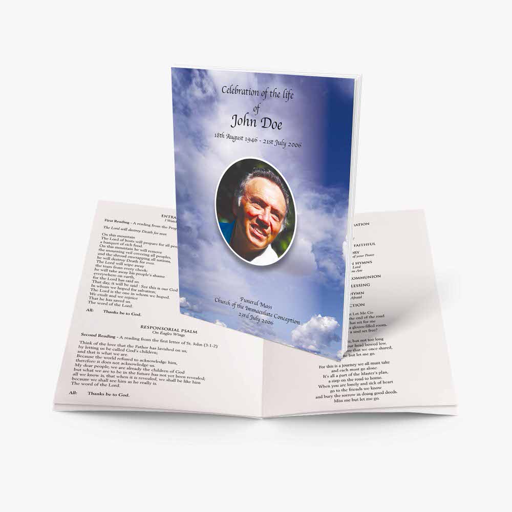 a funeral program template with a photo of a man in a blue sky