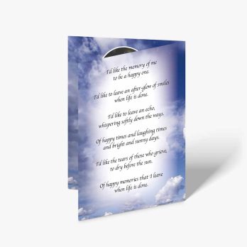 memorial card with a poem about the sky and clouds