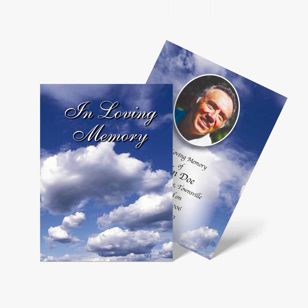 funeral card template with clouds