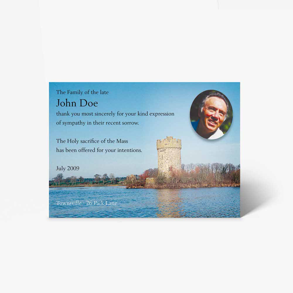funeral card with photo of a castle