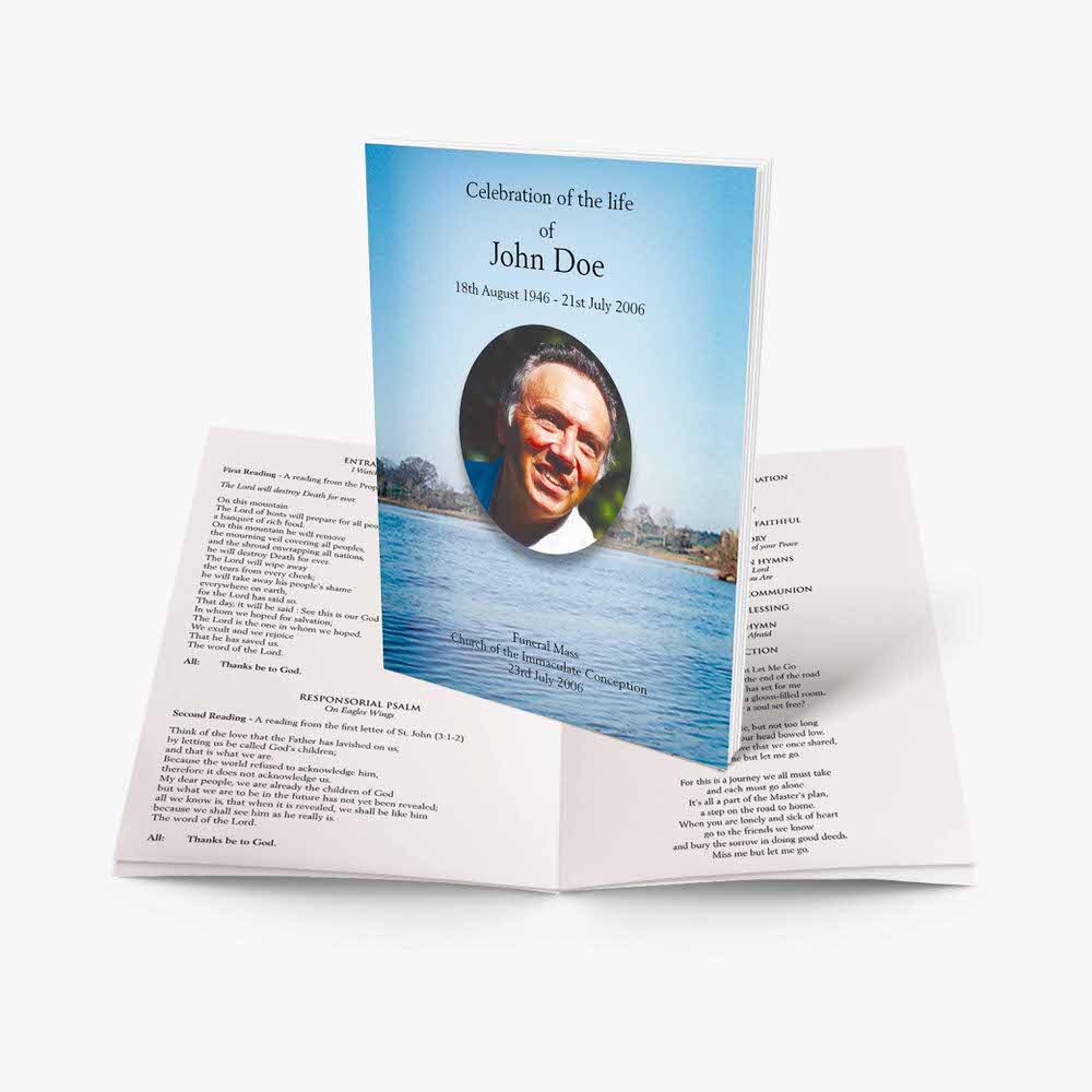 a funeral program template with a photo of a man on the water