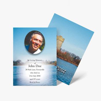 a funeral card with a photo of a man on a boat