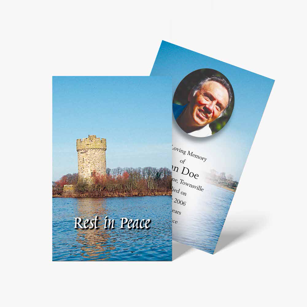 a card with a photo of a man on a boat and a tower