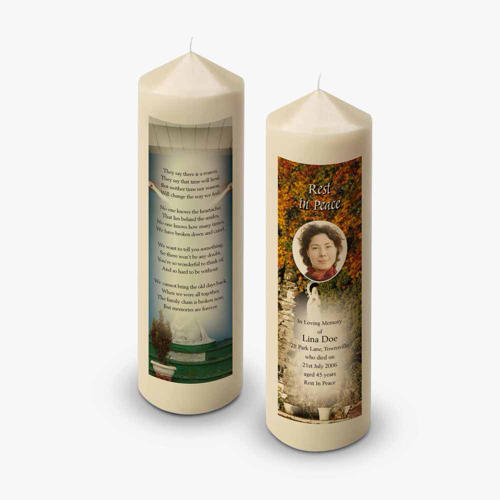 a candle with a poem on it and a picture of a woman