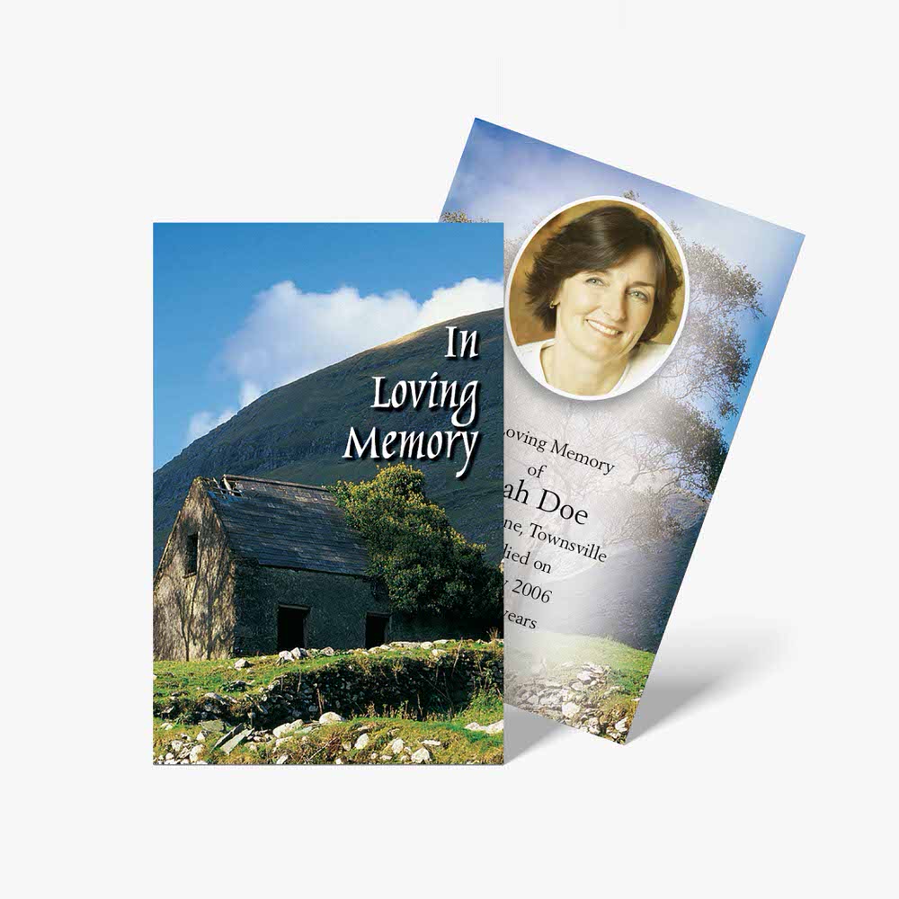 funeral cards with pictures of a house and a person