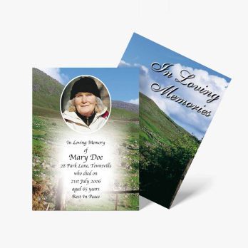 a funeral card with a photo of a woman in a field