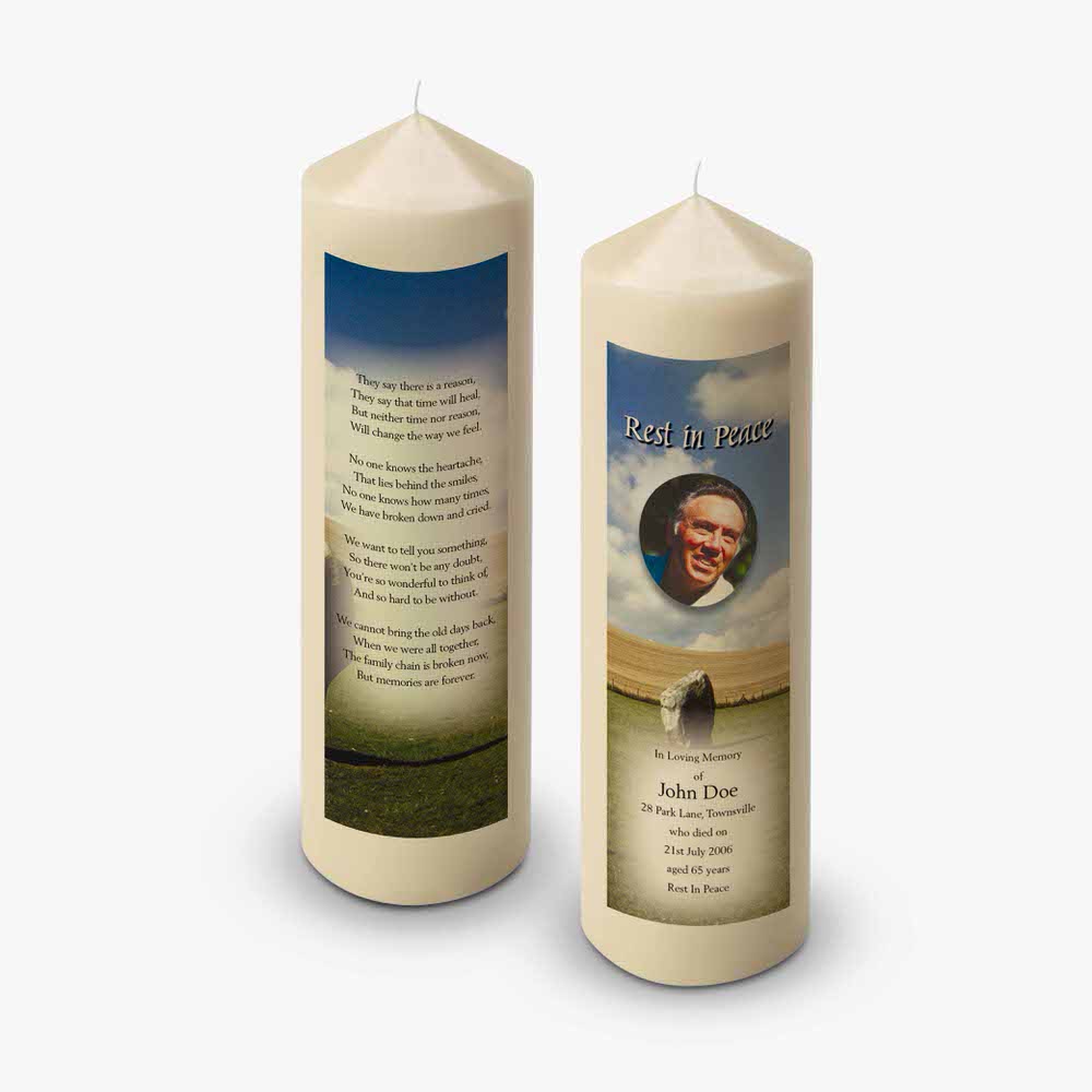 funeral candle with photo of a man in a field