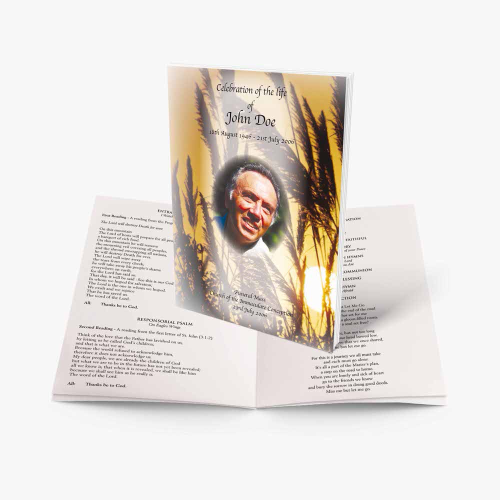 a funeral program template with a photo of a man in a field of wheat