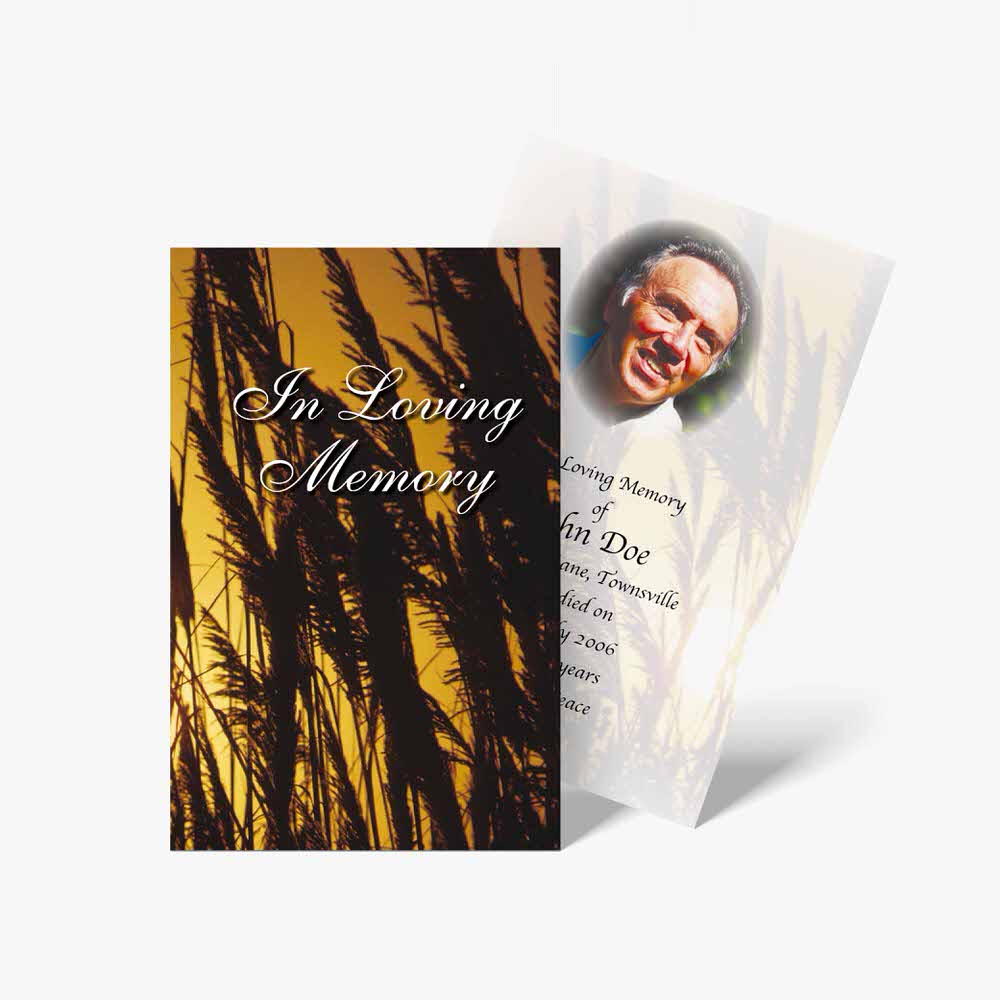 funeral card template with a photo of a man in a field of tall grass