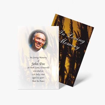 a funeral card with a photo of a man in a field