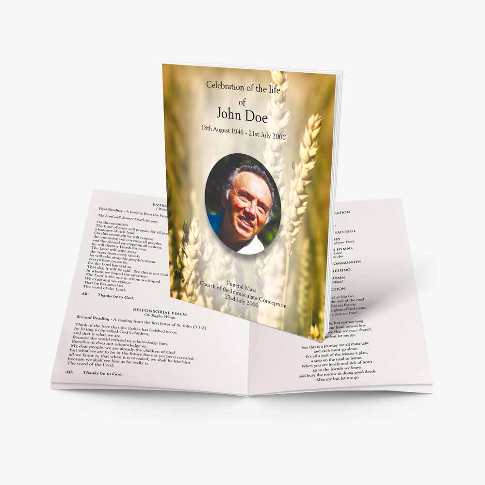 a funeral program template with a photo of a man in wheat