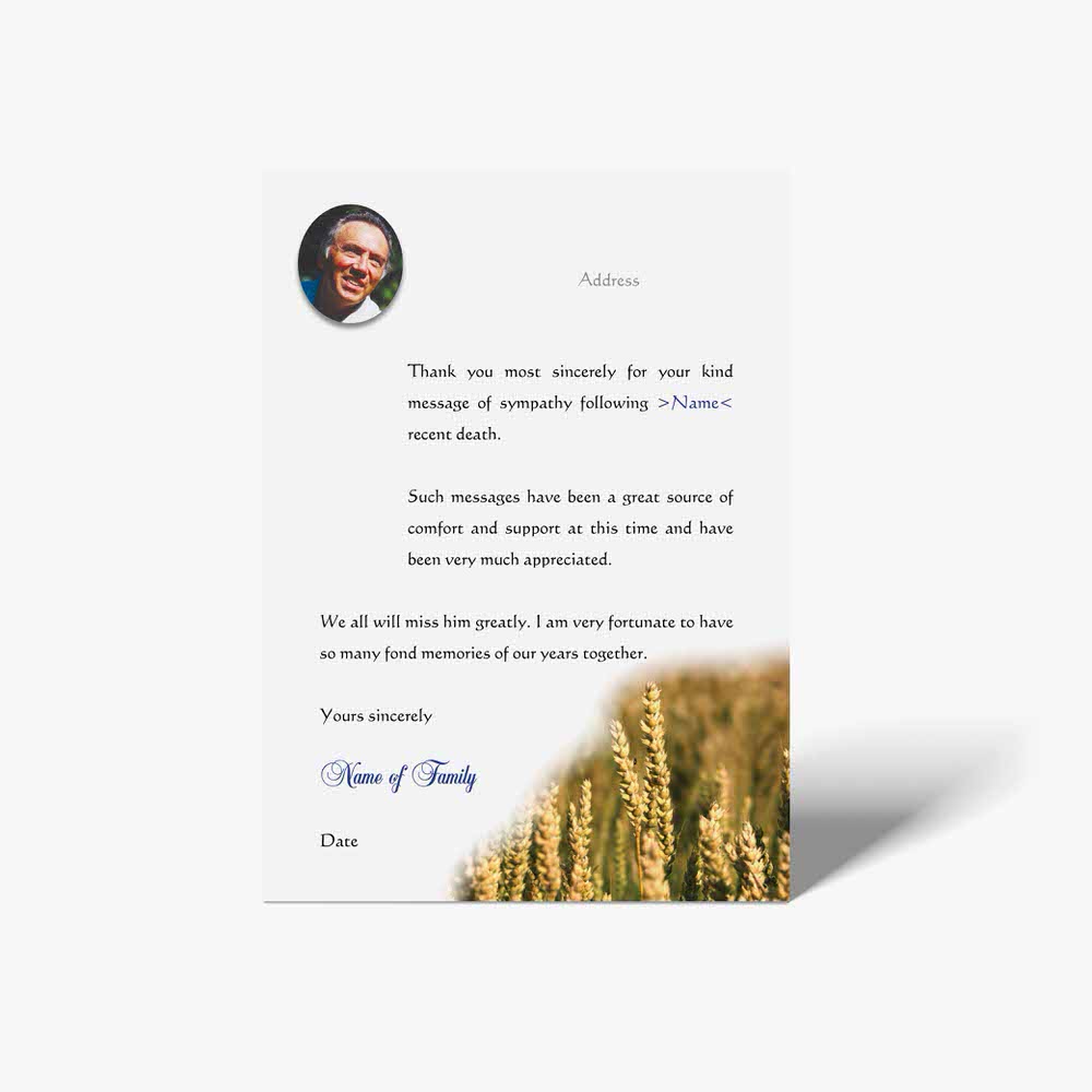 thank you card with a photo of a wheat field