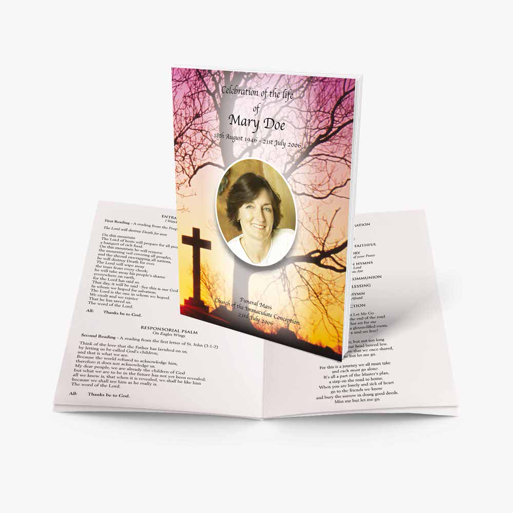 a funeral program template with a tree and a cross