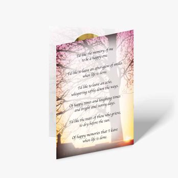 a card with a poem about the sunset and a tree