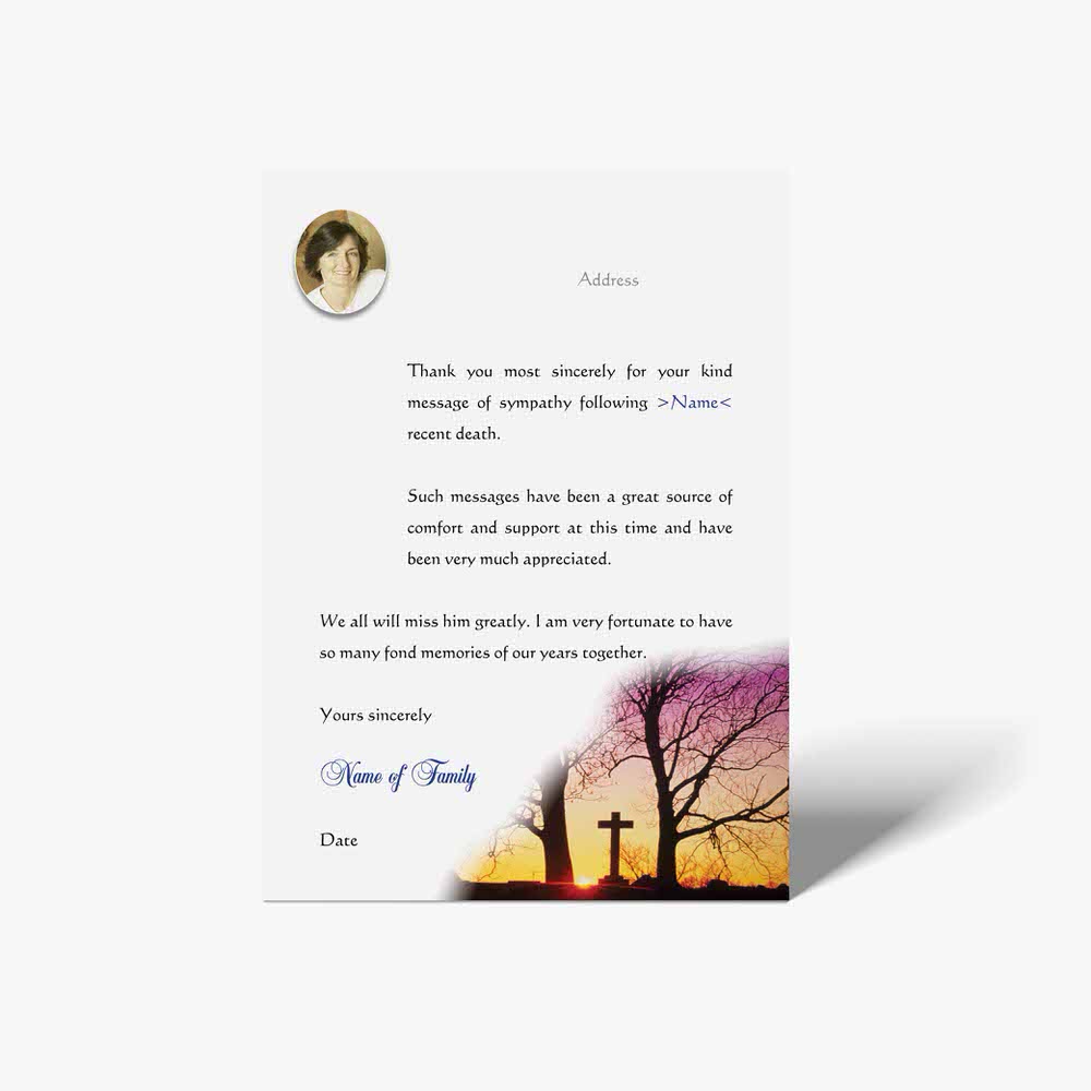 thank you card with photo of a tree and sunset