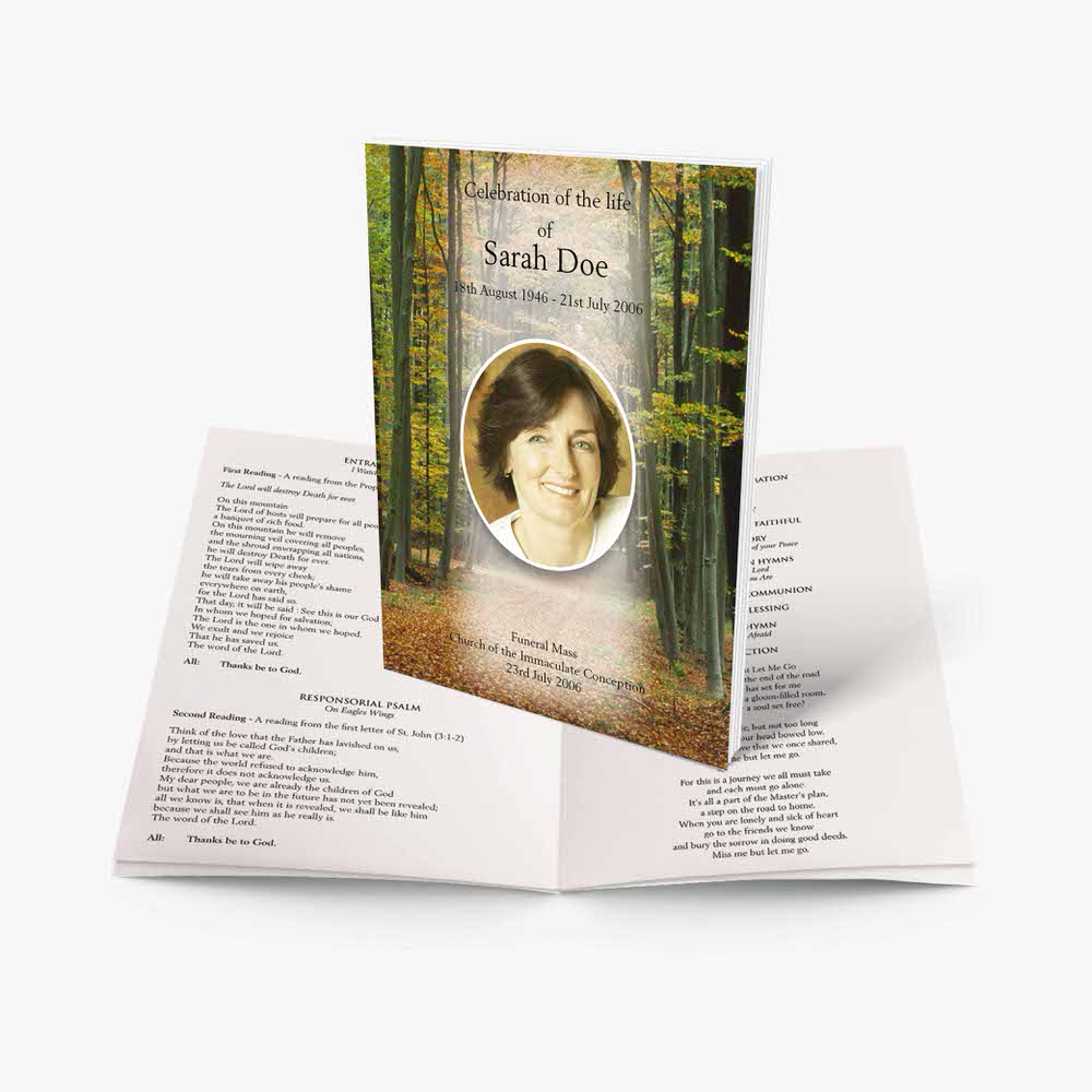 a funeral program template with a photo of a woman in a forest