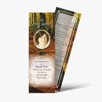 a bookmark with a photo of a woman in the woods