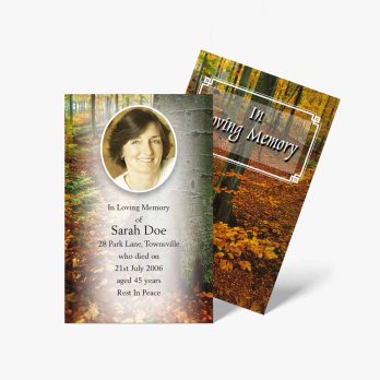 two funeral cards with a photo of a woman in the woods