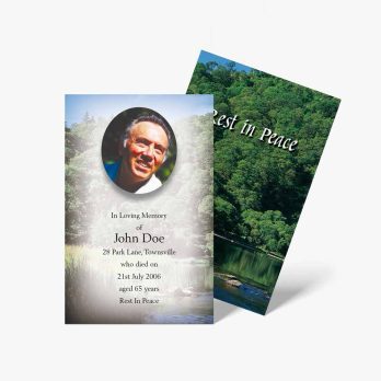 a funeral card with a photo of a man in a forest