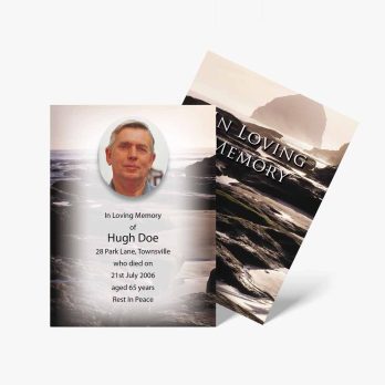 a funeral card with a photo of a man on the beach