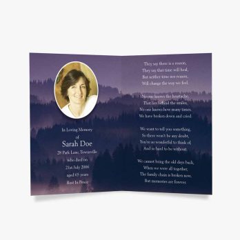 a funeral card with a photo of a woman in a forest