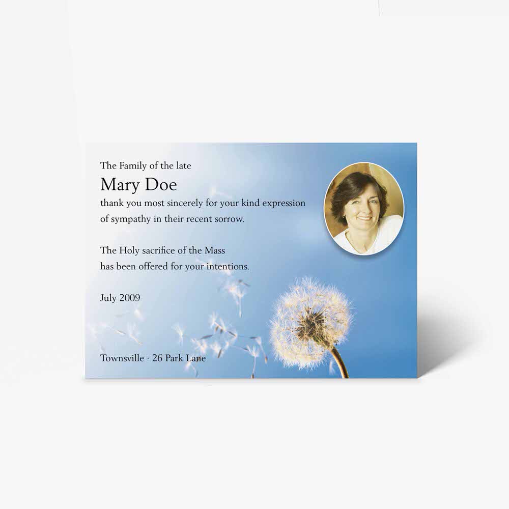 funeral card template with dandelion