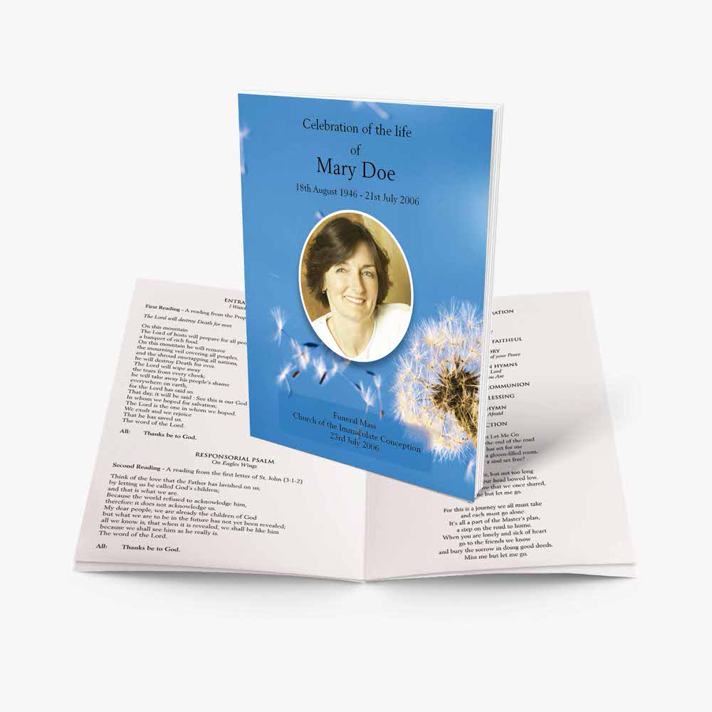 a blue funeral program template with a photo of a woman and a flower