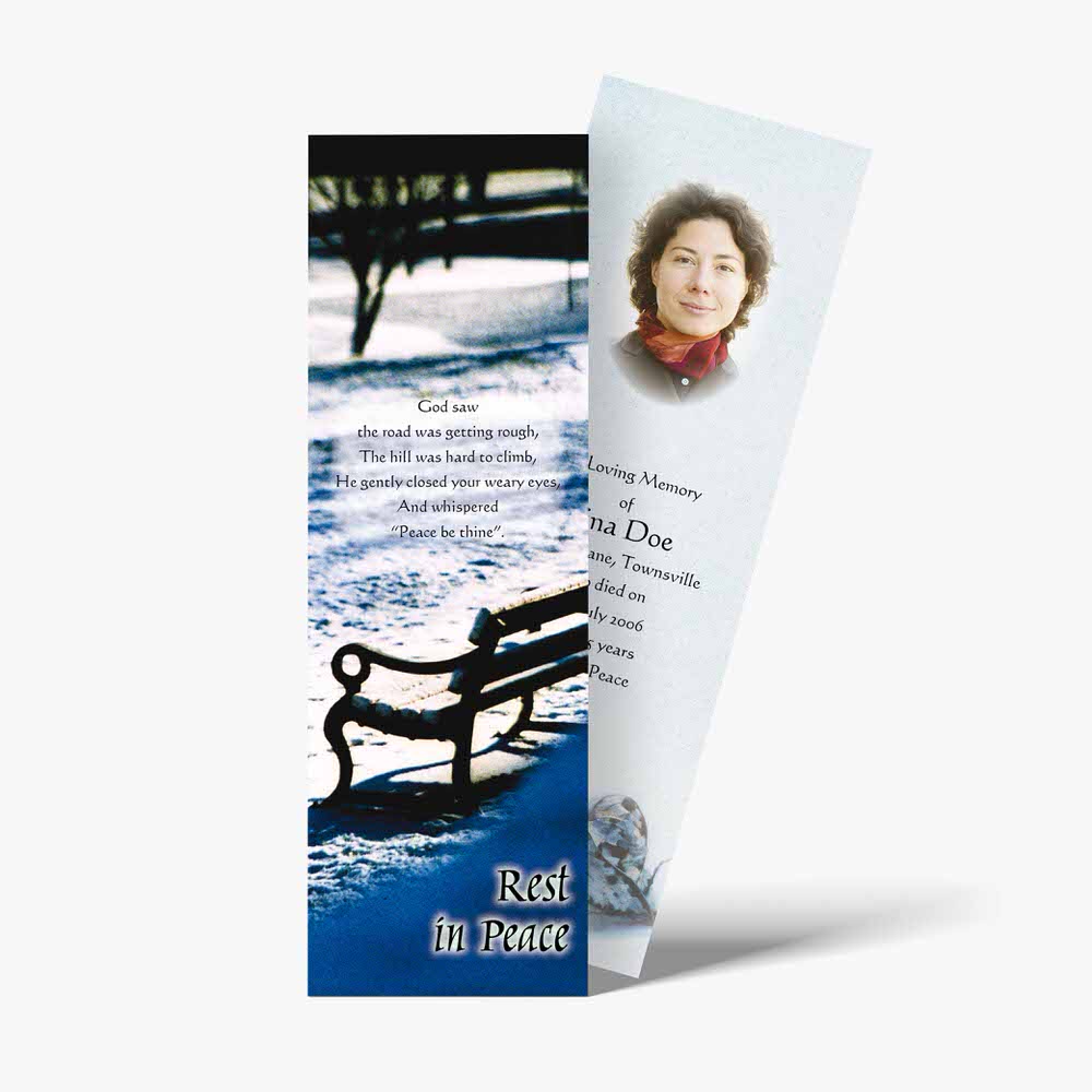 a bookmarks with a picture of a woman sitting on a bench