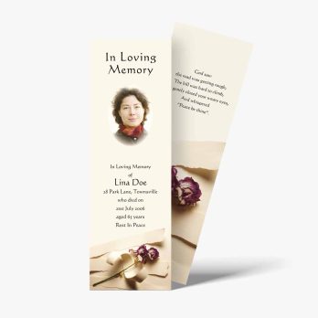 a funeral bookmark template with a photo of a woman in a white dress