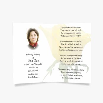 memorial card with yellow rose