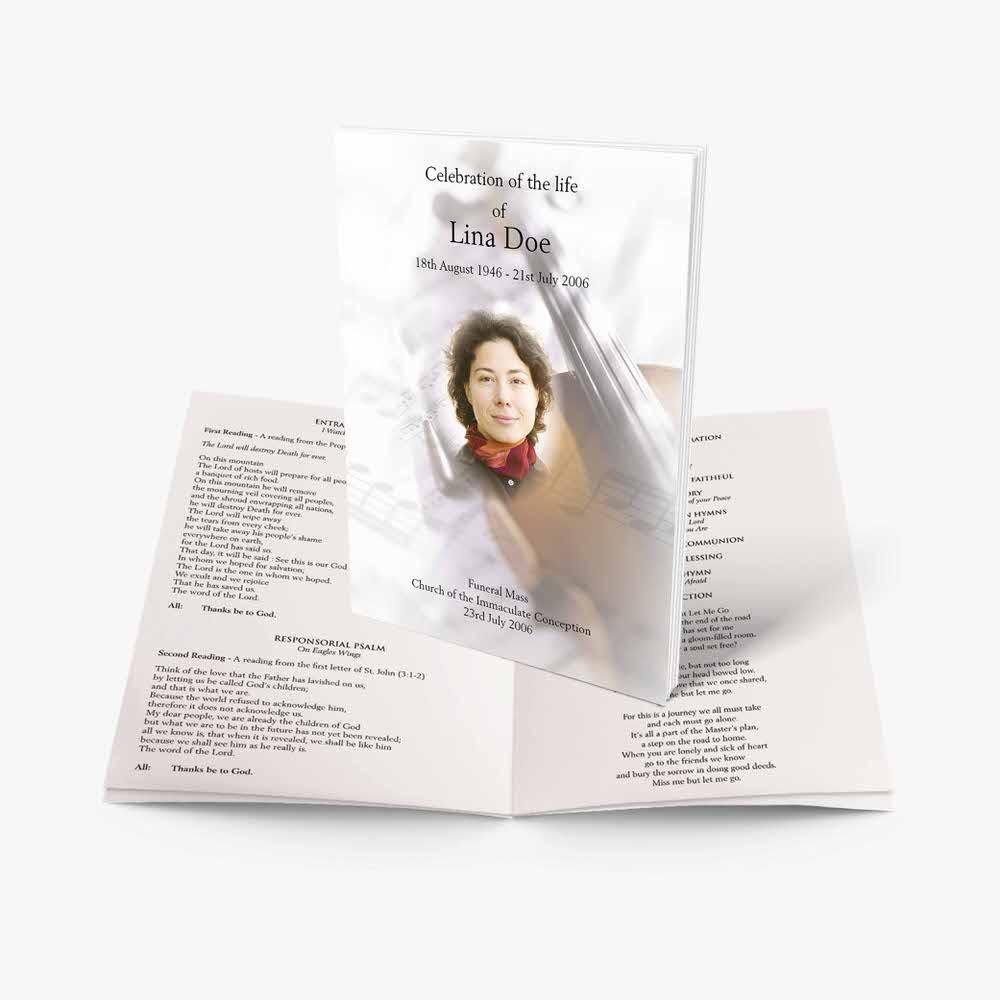 a funeral program booklet with a photo of a woman in a white dress