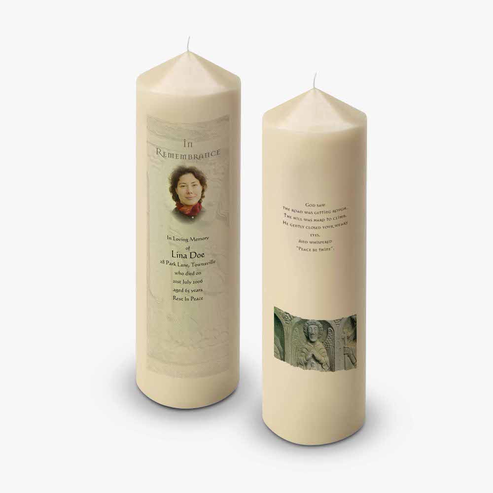 a candle with a picture of a woman on it