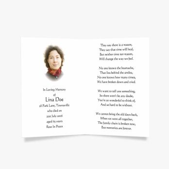 a memorial card with a photo of a woman in a red scarf