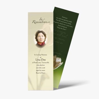 a funeral bookmark template with a photo of a woman