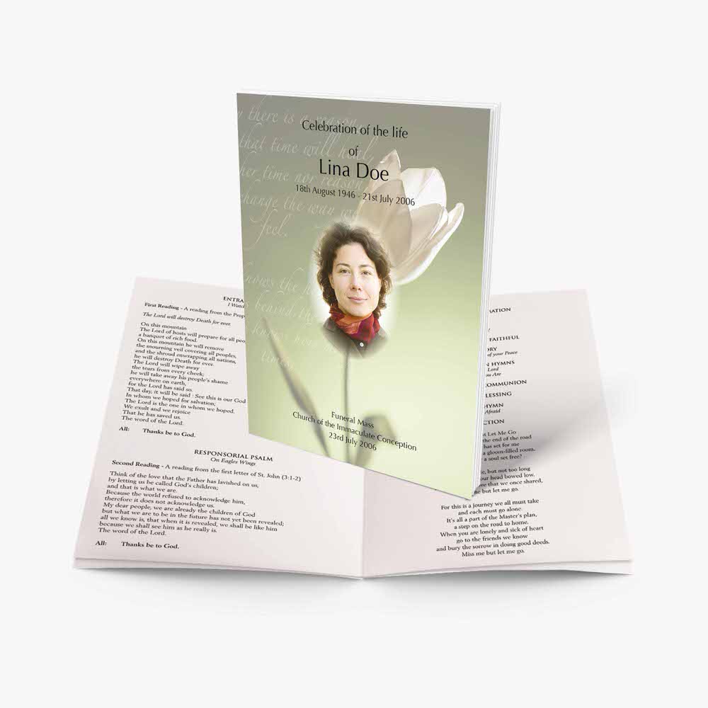 a funeral program template with a white flower