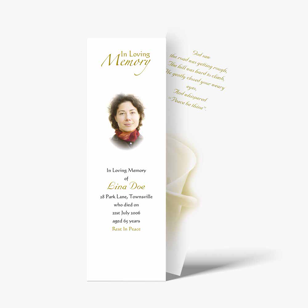 a funeral bookmarks with a photo of a woman
