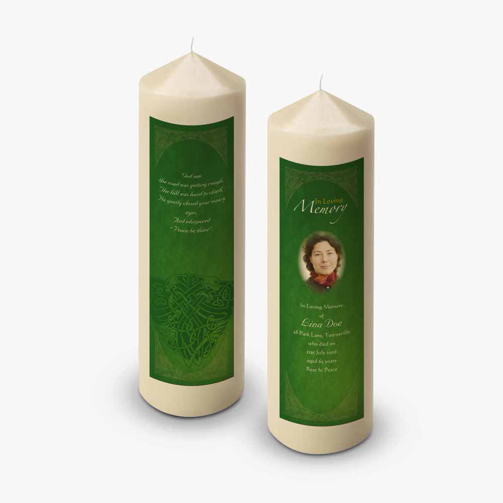 a memorial candle with a photo of a woman