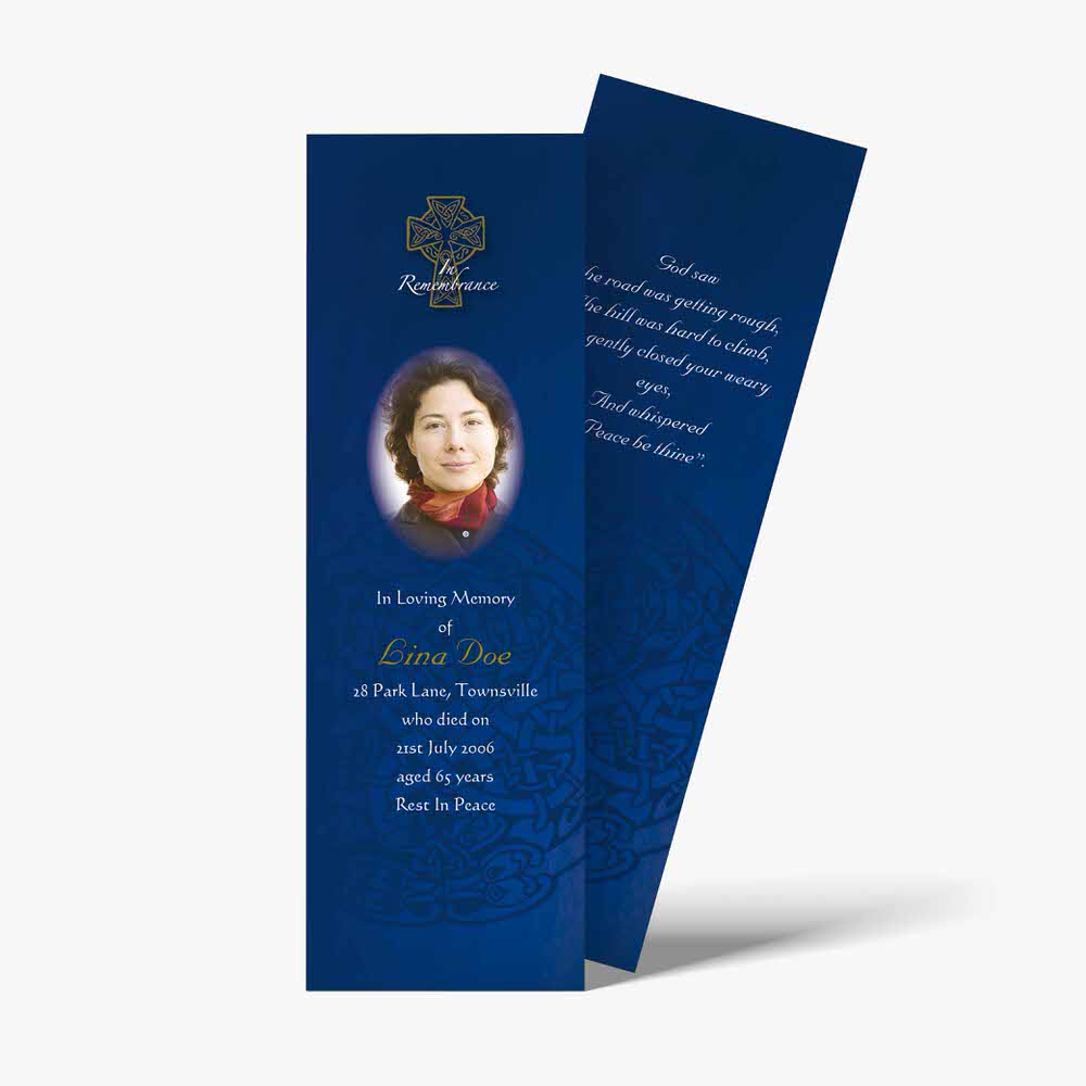 a blue bookmark with an image of a woman in a blue dress